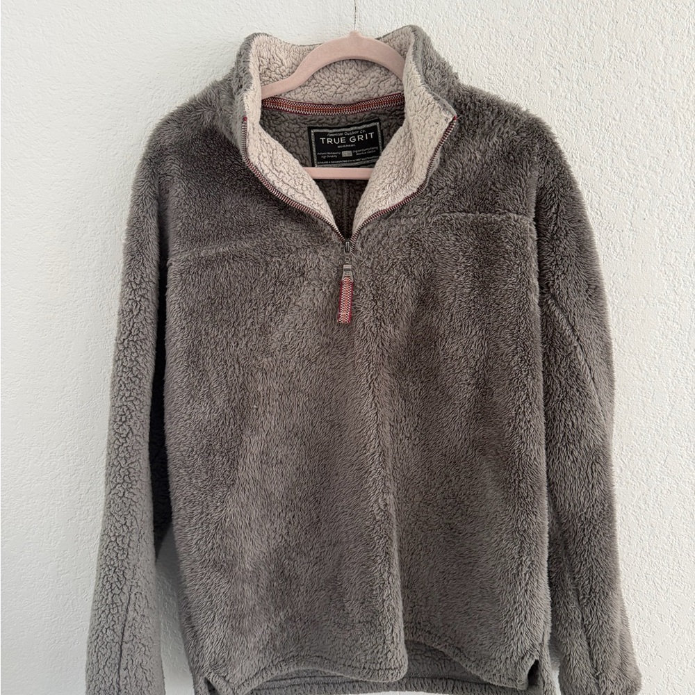 True Grit Plush Half-Zip Pullover - Taupe Gray with Cream Trim